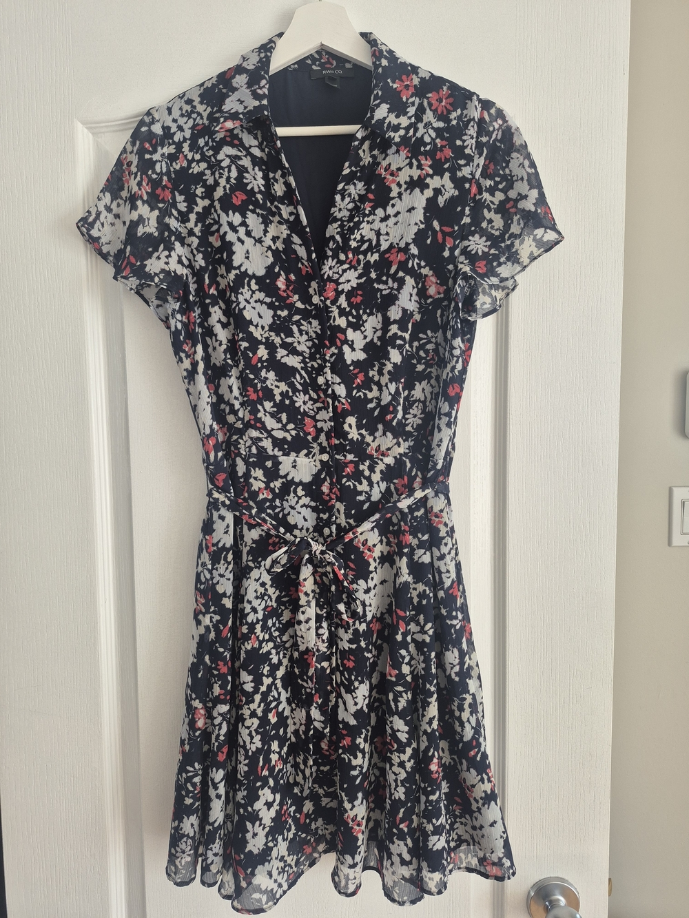 Floral Tie-Waist Short Sleeve Dress - Navy with White & Pink Floral